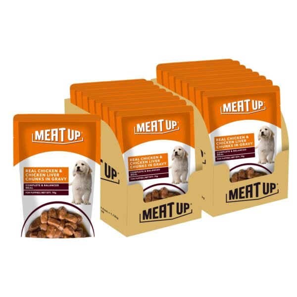 Meat Up Puppy Wet Dog Food (8 x 70g) 560g + 560g Free, Total 1.12kg | Real Chicken in Gravy | Supports Digestion | Boosts Vitality | Complete & Balanced Meal