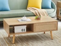 Mid Century Modern Coffee Table With Storage, 41.3 Inch Rectangle Wooden Accent Center Sofa Table With Sliding Pe Rattan Woven Door Panel&Solid Wood Legs, Suitable For Living Room, Apartment