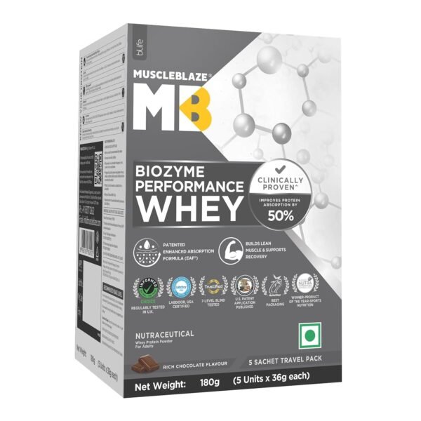 MuscleBlaze Biozyme Performance Whey Protein Powder, Rich Chocolate, 5 Sachets (36g each) | Travel Pack | 25g Protein Per Sachet | Clinically Tested 50% Higher Protein Absorption
