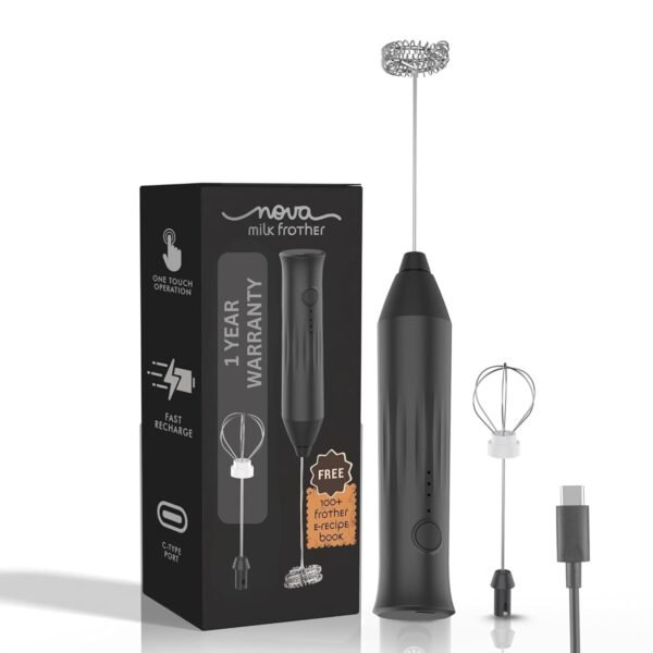 Nova Milk Frother Rechargable Coffee Frother Milk & Beater for Cold Latte 2In1 Handheld Blender and Egg Whisker | 1 Year Warranty Free Frothy Recipe E-Book (Whisker + FROTHER)