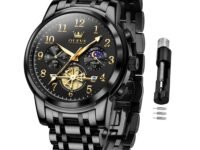 OLEVS Men's Business Watch Gold Blue with Large Easy-Read Analog Quartz Date Display Luxury Stainless Steel Band Waterproof Luminous Hands