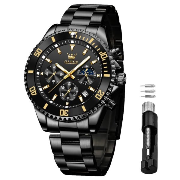 OLEVS Watches for Men Chronograph Business Wrist Watches Analog Quartz Moon Phase Stainless Steel Waterproof Luminous Dress Watches