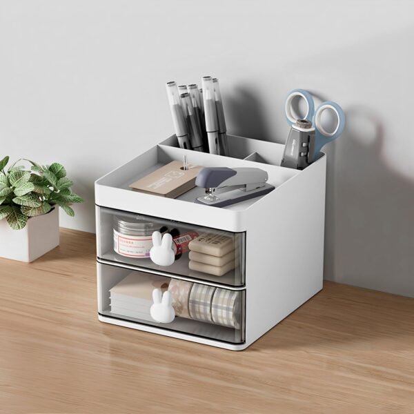 Plastic Pen Stand/Desk Organizer With Drawer& Compartments For Storing Pen,Pencil,Office Accessories,Stationery Items Study Table Holder. (Pattern 3, White)