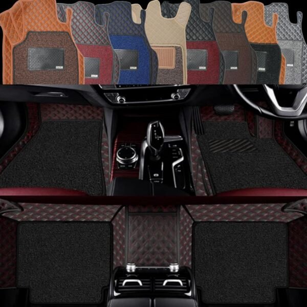 Premium 7D Car Mat Full Set for Mahindra Scorpio-N (7-SEAT-Model : 2022-2026) || Luxury Leather Dual-Stitch Full Set 7D Car Floor Mat || 100% Waterproof || Color : Black-Red (Design-1)