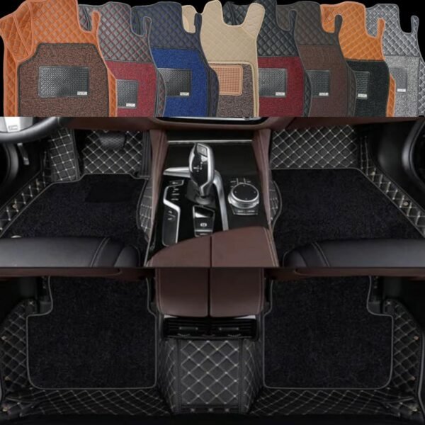 Premium 7D Car Mat Full Set for Maruti Suzuki Dzire (Model-2014-2017) || Luxury Leather Dual-Stitch Full Set 7D Car Floor Mat || 100% Waterproof || Color : Black-Golden (Design-1)