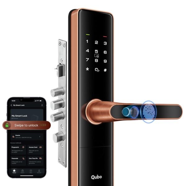 Qubo Smart Door Lock Ultra (Wi-Fi) from Hero Group | Remote App Unlock | 5 Bolts | Tamper Alerts | App Control| 7-Way Unlocking | Fingerprint| PIN | OTP | RFID Card | Mechanical Key | 3 Year Warranty