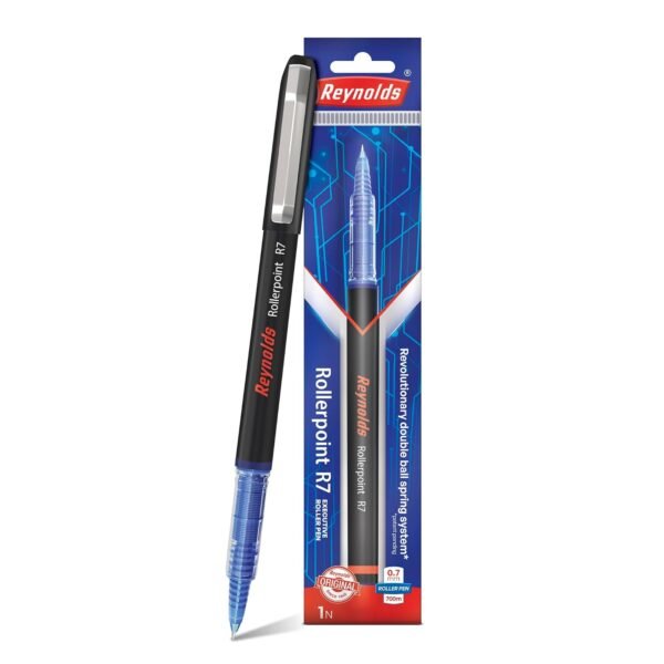 REYNOLDS ROLLER POINT Pen R7 Pack of 2 Blue (Pouch) | Stylish Metal Clip Premium Look Rollerball Point Pen for Men Women Students & Office Professionals | Refillable | Smooth & Effortless Writing