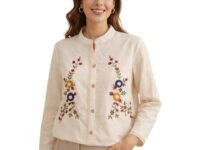 RIEKA Women's Off White Cotton Shirt with Multicolour Floral Embroidery Button Down Mandarin Collar Relaxed Fit Casual Wear Top (RS-TOP-64)