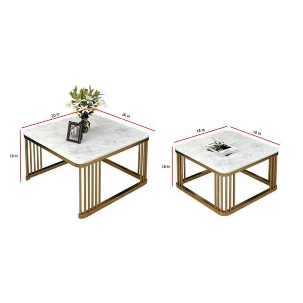 RIZIK STORE™ Iron Base Handmade Square 20"x20" & 18" x 18" Coffee Table/Nesting Table/Side Table/Center Table with Marble MDF White Top for Living Room/Drawing Room/Balcony Gold (White and Black)