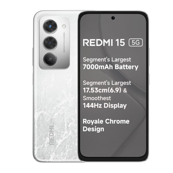 Redmi 15 5G Frosted White 8GB + 128GB | Segment's Largest 7000mAhA Battery | Segment's Largest Display 17.53cm(6.9) Up to 144Hz | Snapdragon 6s Gen 3 | 18W Reverse Charging | 50MP AI Dual Camera