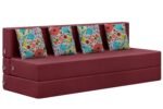 Rosebell Foldable Four Seater Sofa Cum Bed, Sofa Bed 6 X 6 Feet, Jute Fabric- Washable Cover- Including Four Printed Cushion Perfect for Home & Office for Guests - Red Color