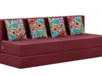 Rosebell Foldable Four Seater Sofa Cum Bed, Sofa Bed 6 X 6 Feet, Jute Fabric- Washable Cover- Including Four Printed Cushion Perfect for Home & Office for Guests - Red Color