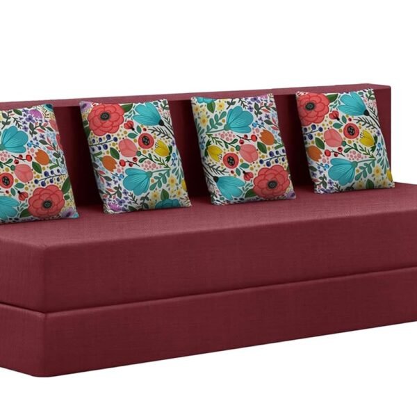 Rosebell Foldable Four Seater Sofa Cum Bed, Sofa Bed 6 X 6 Feet, Jute Fabric- Washable Cover- Including Four Printed Cushion Perfect for Home & Office for Guests - Red Color