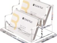 SANRUI Visiting Card Holder for Desk, Acrylic Business Card Holder, 2 Slots Card Display Stand & Desk Organizer for office，Clear