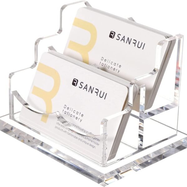 SANRUI Visiting Card Holder for Desk, Acrylic Business Card Holder, 2 Slots Card Display Stand & Desk Organizer for office，Clear