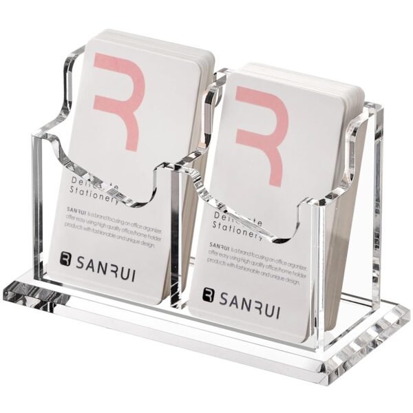 SANRUI Visiting Card Holder for Desk, Clear Acrylic, 2-Slot Vertical Display Stand, Desk Organiser, 15x6x8.8 cm