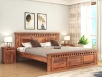 SONA ART & CRAFTS Kuber Solid Sheesham Wood Bed Queen Size Without Storage (78x60) with 2 Bedside Table, Double Bed Queen Size Cot for Bedroom (Natural Finish)