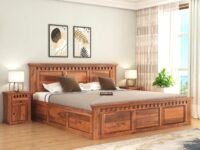 SONA ART & CRAFTS Kuber Solid Sheesham Wood Queen Size Bed with Storage Box | Wooden Bed Queen Size Cot Bed | Double Bed with Box for Home - Honey Finish (Assembly Included)