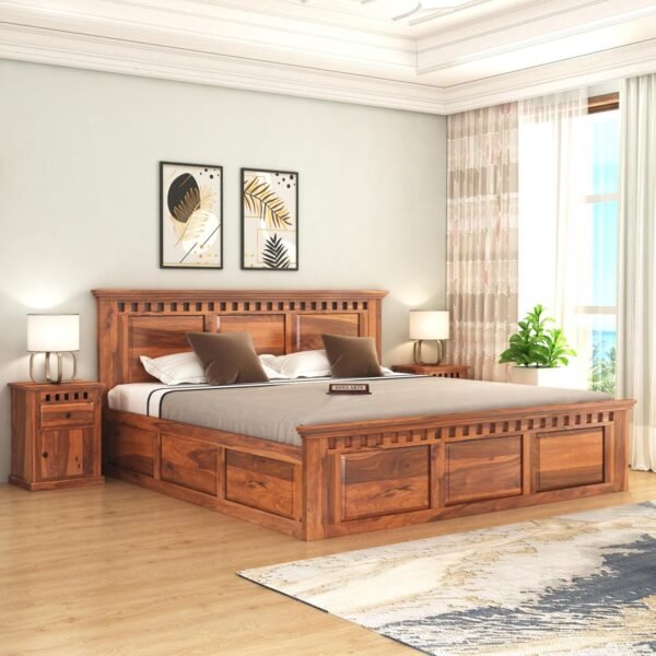 SONA ART & CRAFTS Kuber Solid Sheesham Wood Queen Size Bed with Storage Box | Wooden Bed Queen Size Cot Bed | Double Bed with Box for Home - Honey Finish (Assembly Included)