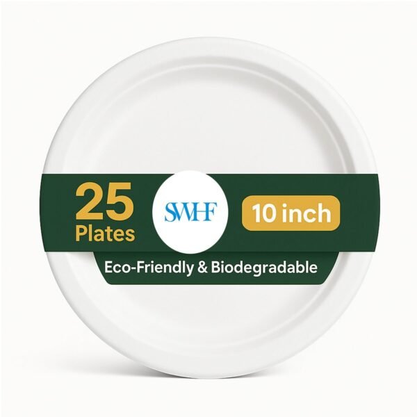 SWHF Disposable Plates 10 inch - Pack of 100, Eco-Friendly & Biodegradable, Dinner Plates for Serving Snacks, Dinner, Paper Plates for Birthday, Weddings & Parties - Disposal Plate (White, Round)