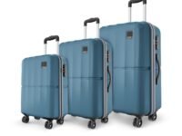 Safari Genius Theo 8 Wheels Set of 3 (Cabin + Medium + Large) Trolley Bags, Hard Case Polycarbonate, 360 Degree Wheeling Luggage, Suitcase for Travel, Trolley Bags for Travel, Pearl Blue
