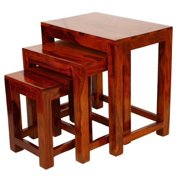 Sheesham Wood Nesting Table Set of 3 Stools || Nested Sofa Side Table Living Room Hall | Wooden Nightstand Lamp Table - Honey Finish