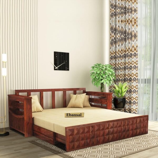 Solid Sheesham Wood 3 Seater Diamond Sofa Cum Bed for Living Room with Storage and Side Pockets Couch Diwan Wooden Bedroom Furniture Three Seater Sofa for Home Hall and Office (Honey Finish)