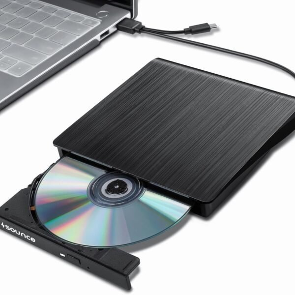 Sounce External DVD Drive USB 3.0 & Type-C CD Burner, Slim Portable Optical Drive CD/DVD ROM +/-RW Rewriter Compatible with Laptop, PC, MacBook, Desktop, Notebook, Windows, Linux Mac OS - Black