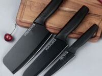 Stainless Steel 3 Pieces Professional Kitchen Knife Set/Meat Knife/Chef Knife with Non-Slip Handle Sharp Manual Sharpening for Home Kitchen/High Carbon Stainless Steel Knife Red Set(Black)