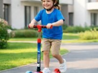 Storio Foldable Kick Scooter for Kids, 3-Wheel Design, Adjustable Handle, Wide Deck with PVC Wheels, Lightweight Portable, Indoor Outdoor Use, for Boys and Girls 3+ Years, Red