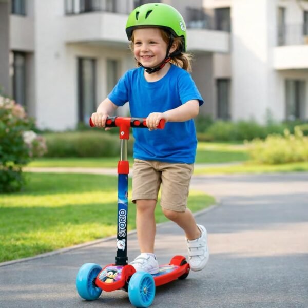 Storio Foldable Kick Scooter for Kids, 3-Wheel Design, Adjustable Handle, Wide Deck with PVC Wheels, Lightweight Portable, Indoor Outdoor Use, for Boys and Girls 3+ Years, Red