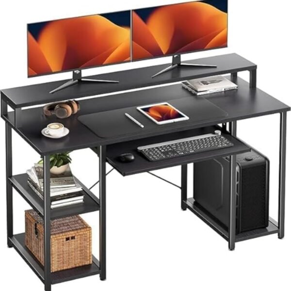 TEKAVO Trio Computer Table for Home Pc | Office Table for Home with Monitor Riser and Keyboard Tray, Laptop Table, Work Table, Study Table, Modern Workstation | Black Wood, Metal,(150x60x 75 cm)