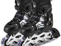 TEKCOOL 4 Wheels Adjustable Inline Skates Skating Shoes for Boys Kids Girls Skating Shoe Adjustable Roller Blades Age 6 to 15 Years PU Strong Wheels Aluminium with LED Flash Light on Wheels (Black)'