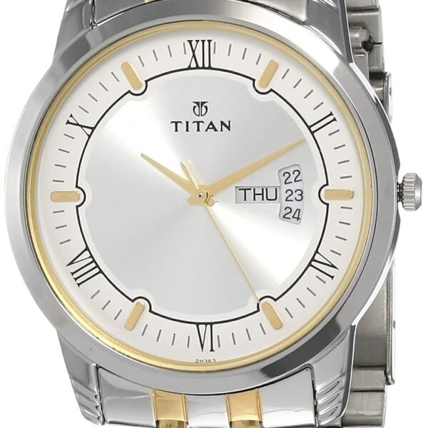 Titan Karishma Quartz Analog with Day and Date Silver Dial Two Toned Silver and Gold Stainless Steel Strap Watch for Men - NT1774BM01