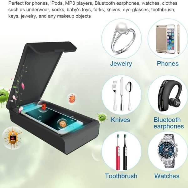 U99 UV Sanitizer,Portable UV Sterilizer Box 99.9% Sterilization for Mask,Cell Phone/Smartphone, Makeup Tools, Keys, Glasses, Multi-Function Mobile Phone Toothbrush Cleaning Box- Black