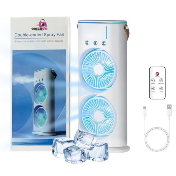 USB Portable Double-Ended Mist Fan with Remote Control & RGB Light | High-Efficiency USB Mini Air Cooler for Indoor & Outdoor Use, Bedroom, Office & Travel – White