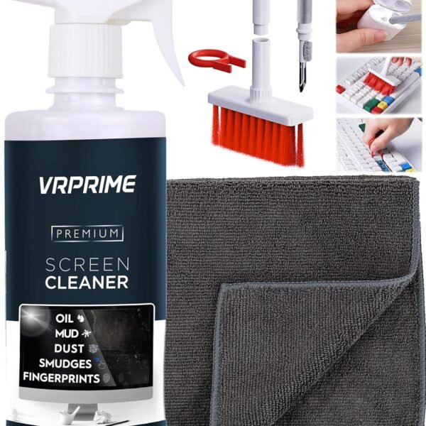 VRPRIME 500ML Laptop Cleaning Kit Screen Cleaner Keyboard Cleaner for Mobile Phone, Camera lens, Computer, Gadget, Electronic, TV | With Large Microfibre Cloth & Keyboard AirPods Cleaner Brush (SPRAY)