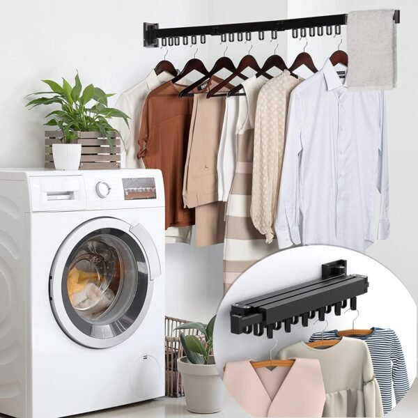 Wall Mounted Foldable Aluminium Clothes Drying Rack | Balcony Cloth Dry Rack | Indoor/Outdoor Clothesline | Heavyduty Collapsible Dryer Hanger for Laundry | 3-Pole,18 Hooks (Black)