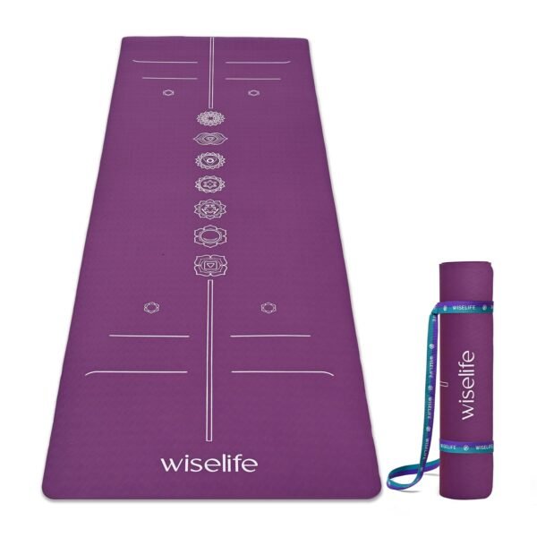 Wiselife True Body Alignment Yoga Mat + Sleek Yoga Strap For Men And Women | Non-Slip Textured Extra Wide & Thick | Pro Balance Eco Tpe Exercise Mat For Home, Pilates, Gym & Fitness (6MM,PURPLE-CHAKRA)