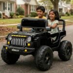 Wishmaster Kids Electric Ride-On Jeep, 12V Battery Powered, Remote Control, Music & Lights, 130 x 83 x 76 cm, Army Green, Ages 3-8 Years (Plain Color's, Black)