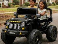 Wishmaster Kids Electric Ride-On Jeep, 12V Battery Powered, Remote Control, Music & Lights, 130 x 83 x 76 cm, Army Green, Ages 3-8 Years (Plain Color's, Black)