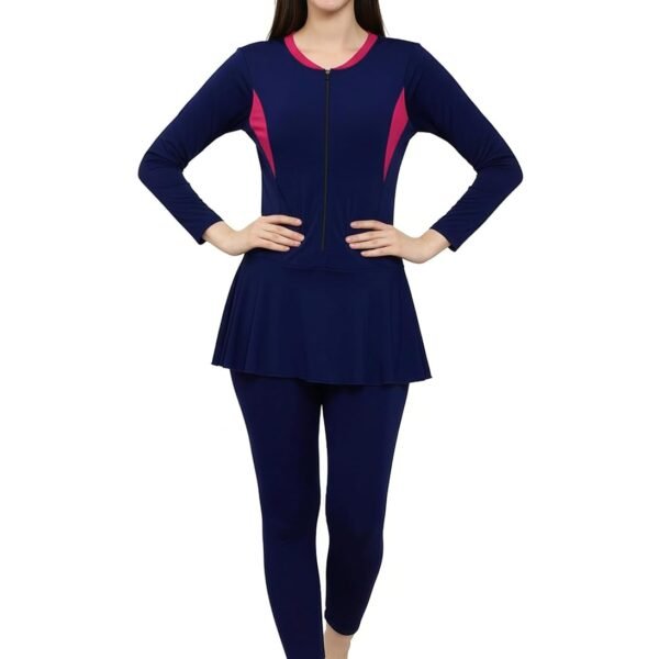 Women Color Block Full Coverage One Piece Swimsuit with Removable Chest Pads Front Zipper Frock Style Design Swimming Costume
