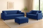 Wooden 3 + 2 Seater Sofa Set Comfortable Velvet Fabric Five Seater Sofa Set with Ottoman Stylish & Space-Saving Design for Home, Guest Room - Blue Color