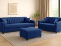Wooden 3 + 2 Seater Sofa Set Comfortable Velvet Fabric Five Seater Sofa Set with Ottoman Stylish & Space-Saving Design for Home, Guest Room - Blue Color