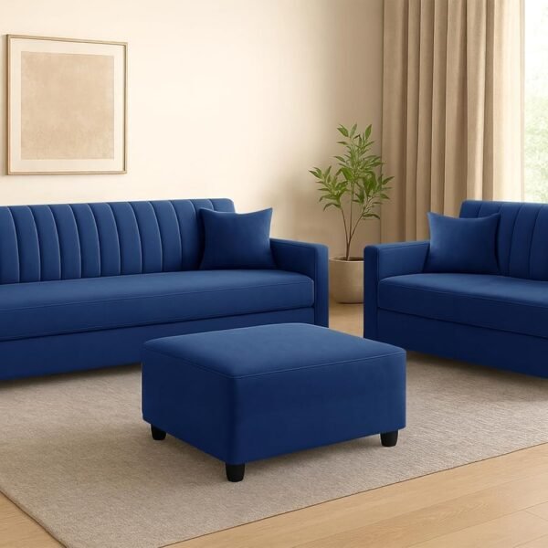 Wooden 3 + 2 Seater Sofa Set Comfortable Velvet Fabric Five Seater Sofa Set with Ottoman Stylish & Space-Saving Design for Home, Guest Room - Blue Color
