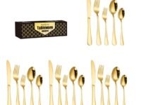 YELONA Combo Set of 20 Premium Gold Daily Use Cutlery Stainless Steel Luxury Dinnerware Flatware Serving Spoon Fork Knife Reusable Mirror Finish for Home Kitchen Dining Table and Gifts
