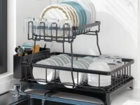 YHK Dish Rack Tableware, Black, 2-Stage Stainless Steel, Dish Drainer, Drainer for Kitchen countertop, Dishwasher Dryer with Utensil Holder, Cup Holder, Drainer for Kitchen (Black)