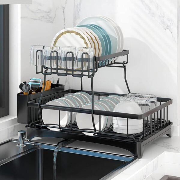 YHK Dish Rack Tableware, Black, 2-Stage Stainless Steel, Dish Drainer, Drainer for Kitchen countertop, Dishwasher Dryer with Utensil Holder, Cup Holder, Drainer for Kitchen (Black)