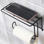 Zeinwap Self Adhesive Wall Mounted Toilet Paper Holder - Tissue Roll Holder with Storage Shelf Iron Black Coated (Metal, 1 Pc)
