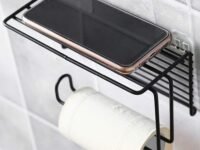 Zeinwap Self Adhesive Wall Mounted Toilet Paper Holder - Tissue Roll Holder with Storage Shelf Iron Black Coated (Metal, 1 Pc)